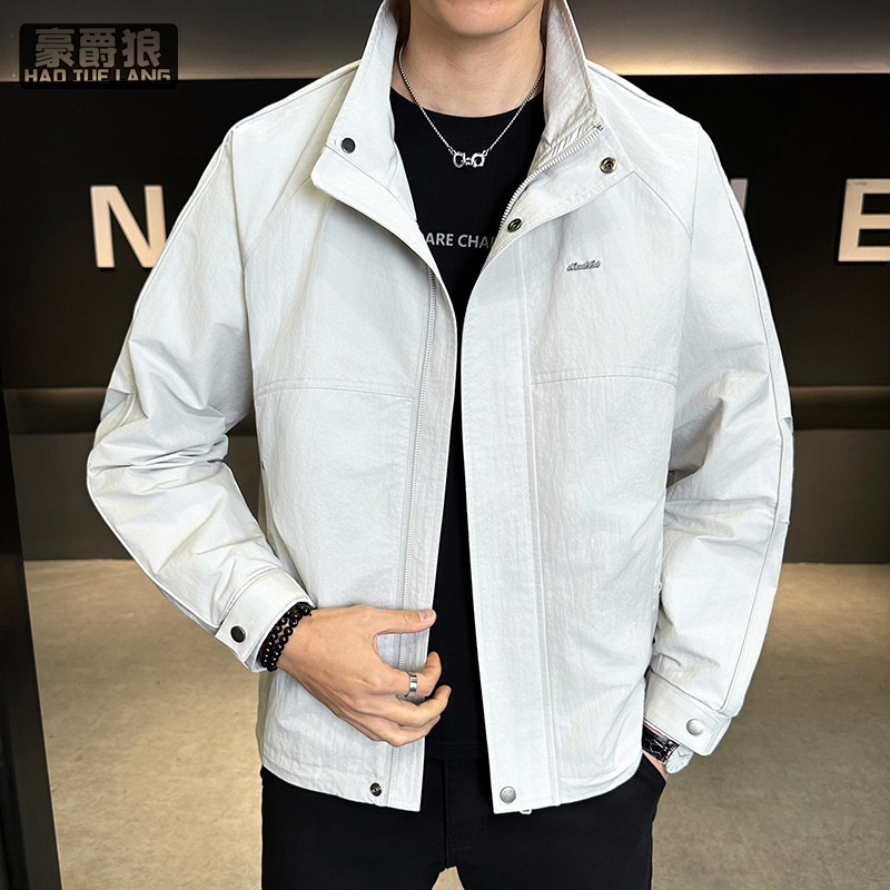 13256292.男士立领夹克春秋工装风拉链口袋休闲百搭高级感外套帅气男装