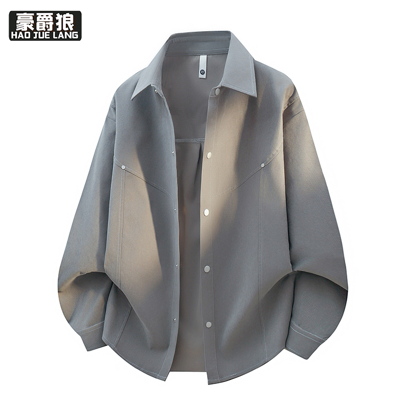 13256218.衬衫式夹克男春秋季新款潮流翻领教练衣服廓形青少年设计感外套男