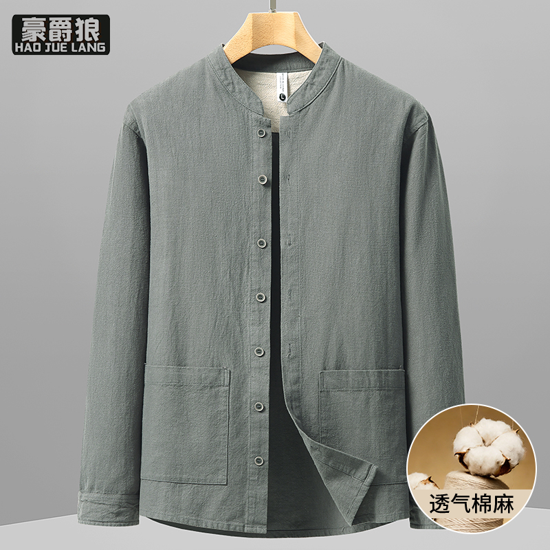 13256299.棉麻夹克男士爸爸新款老钱风春季高级感外套短款百搭休闲