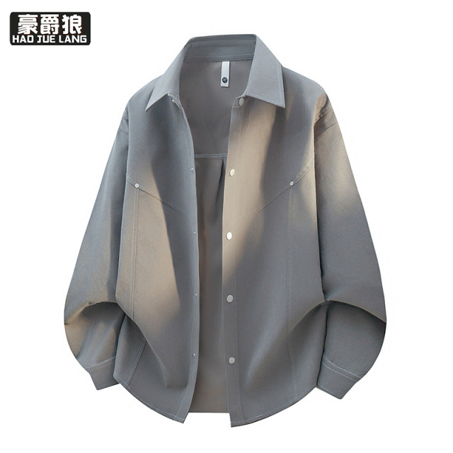 13256218.衬衫式夹克男春秋季新款潮流翻领教练衣服廓形青少年设计感外套男