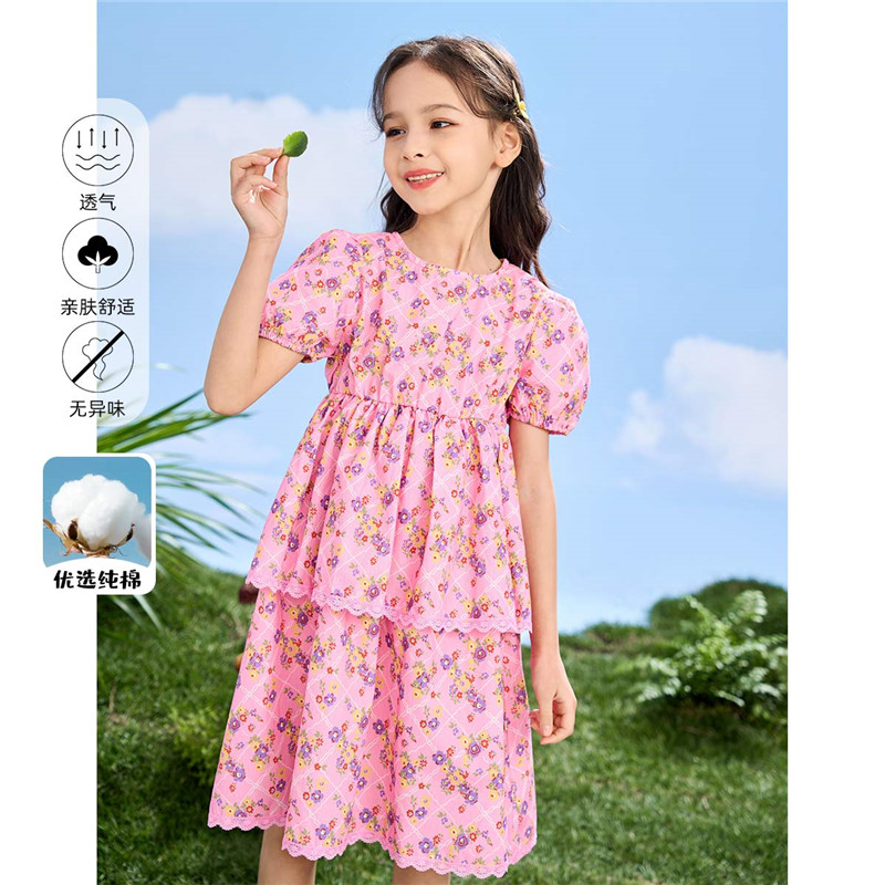 13260687.【花色蛋糕裙】女童碎花圆领泡泡袖连衣裙夏季儿童纯棉时尚公主裙