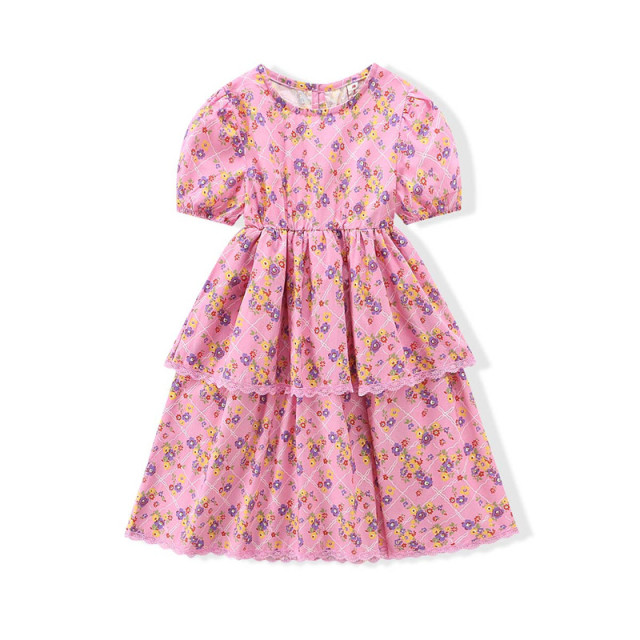 13260687.【花色蛋糕裙】女童碎花圆领泡泡袖连衣裙夏季儿童纯棉时尚公主裙