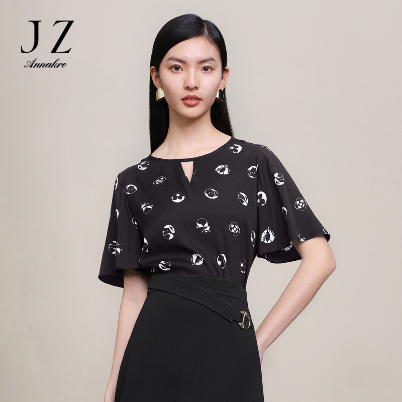 13260166.商场同款JZ玖姿印花单上衣女装春季新款弹力缎T恤JWDC80304