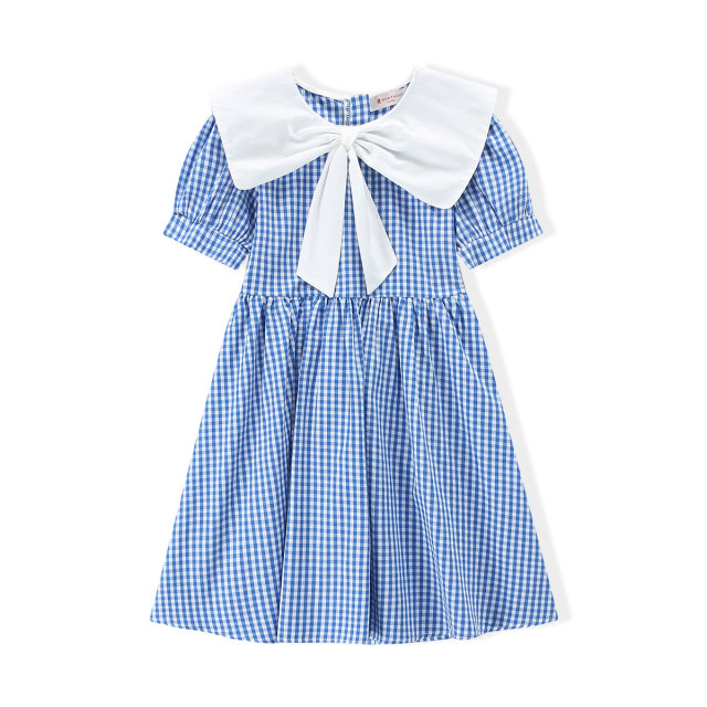 13260712.【大蝴蝶结】2026夏季女童纯棉连衣裙短袖中长款格子裙