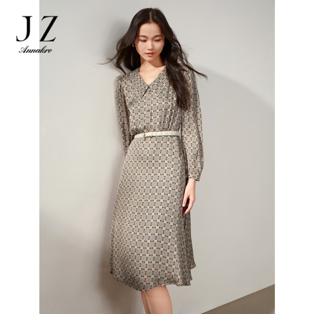 13260204.商场同款JZ玖姿新中式复古摩登收腰连衣裙女春秋新款JWDQ50055