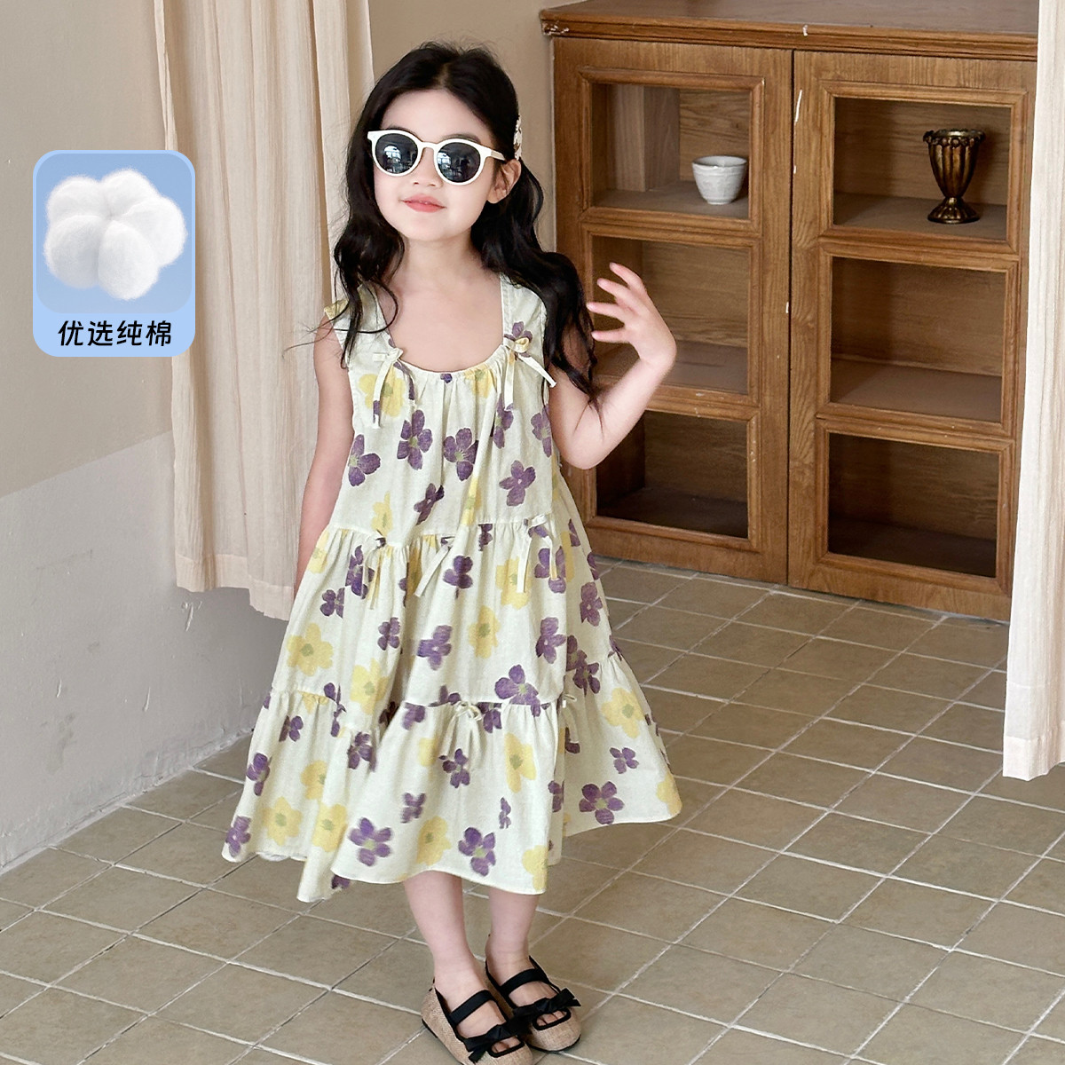 13260803.女童夏款洋气紫色小碎花连衣裙纯棉背心裙