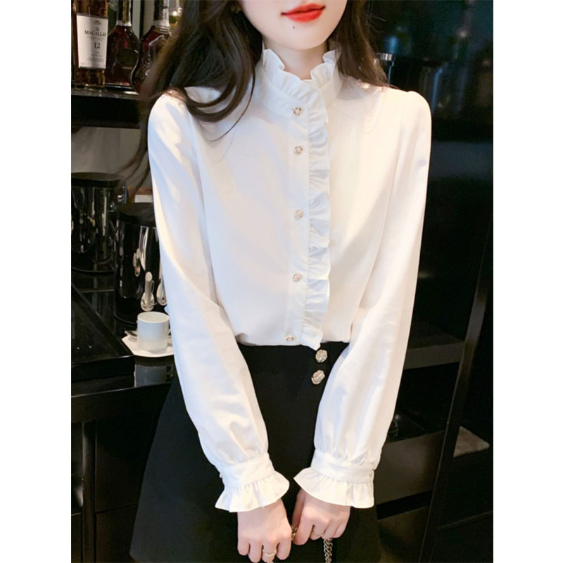 13263160.丹芙娅木耳边高领喇叭袖法式立领荷叶边蕾丝雪纺衬衫