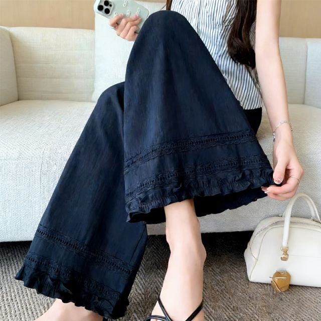 13460991.初云紫衣夏春装 女百搭木耳边蕾丝勾花阔腿裤宽松直筒休闲裤子0755
