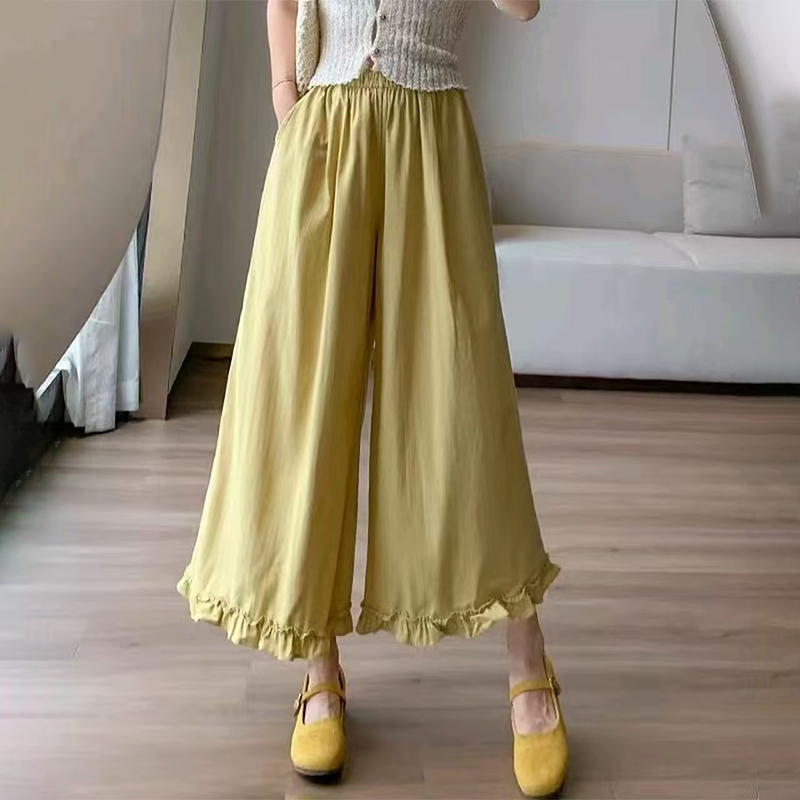 13460988.初云紫衣夏春装 女百搭木耳边阔腿裤薄款高腰松紧九分休闲裤0761