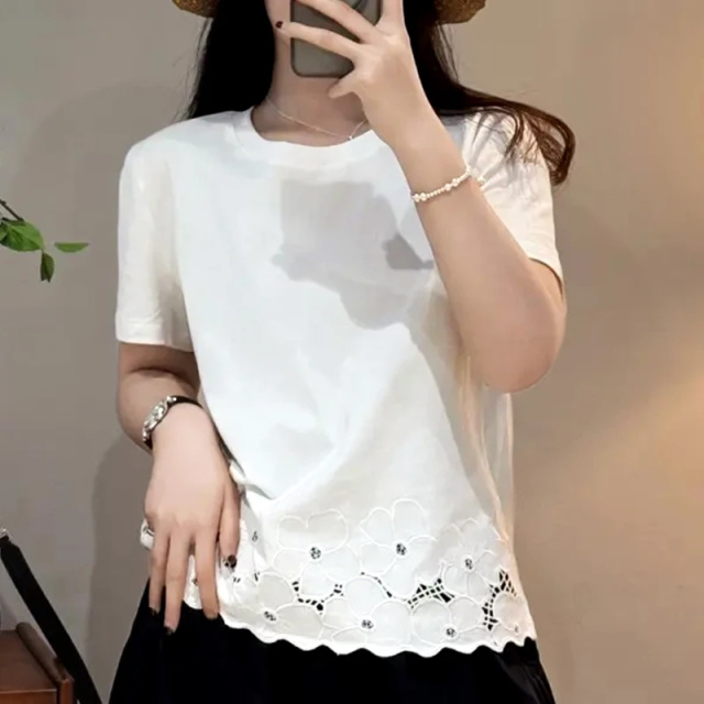 13460986.初云紫衣夏装 女时尚设计感拼接钩花镂空小众圆领T恤短袖上衣2228