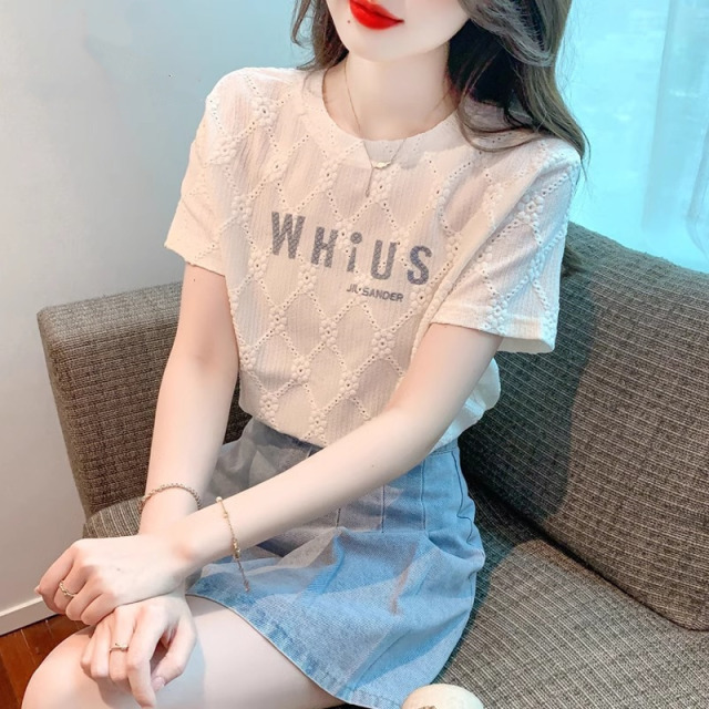 13263171.丹芙娅夏季新款设计感小众别致绝美刺绣字母印花圆领短袖t恤女