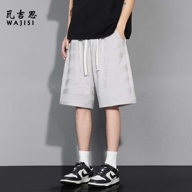 13265393.夏季新款短裤男高级ins潮牌冰感肌理条纹五分纯色高品质裤子