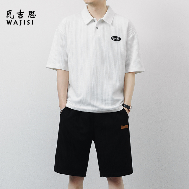 13265376.短袖POLO衫男夏季冰丝运动套装翻领提花搭配一套短裤时尚两件套