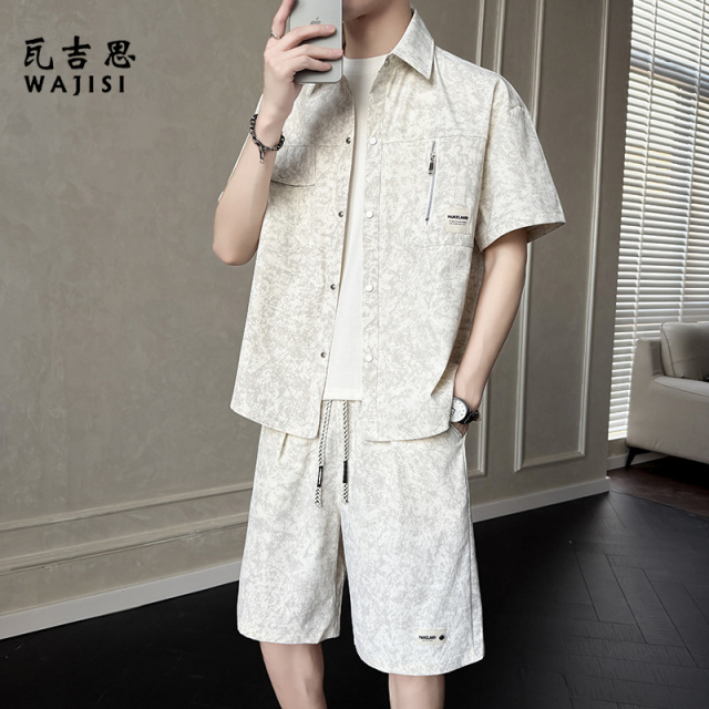 13265401.美式复古工装短袖衬衫短裤套装男夏季薄款潮牌宽松休闲穿搭两件套