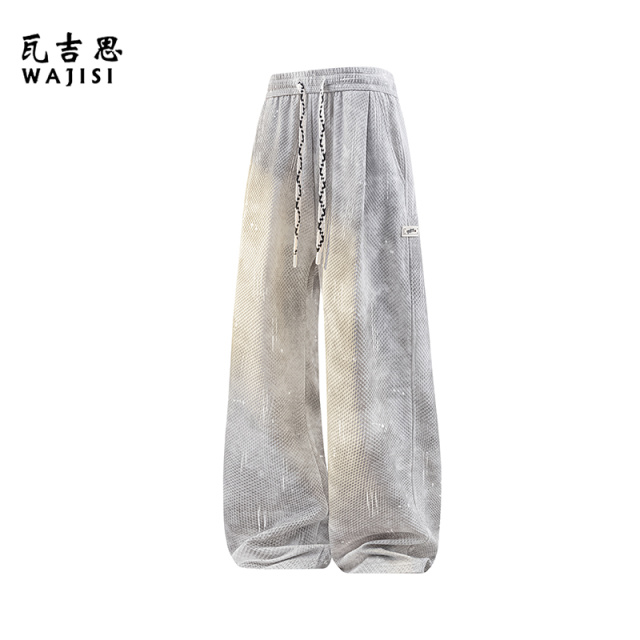 13265355.大码阔腿休闲裤男士春秋新款美式潮流提花脏脏裤宽松直筒长裤扎染