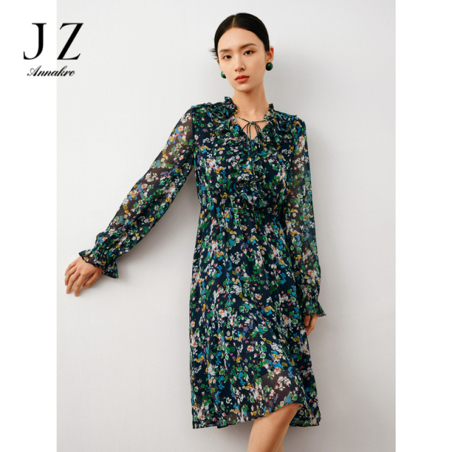 13265972.玖姿安娜蔻波普风碎花X型雪纺印花浪漫优雅连衣裙女秋季新款