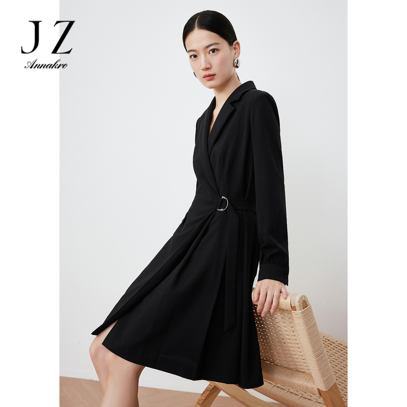13266320.JZ玖姿职业西装小黑裙女装春季新款小个子通勤雪纺连衣裙黑