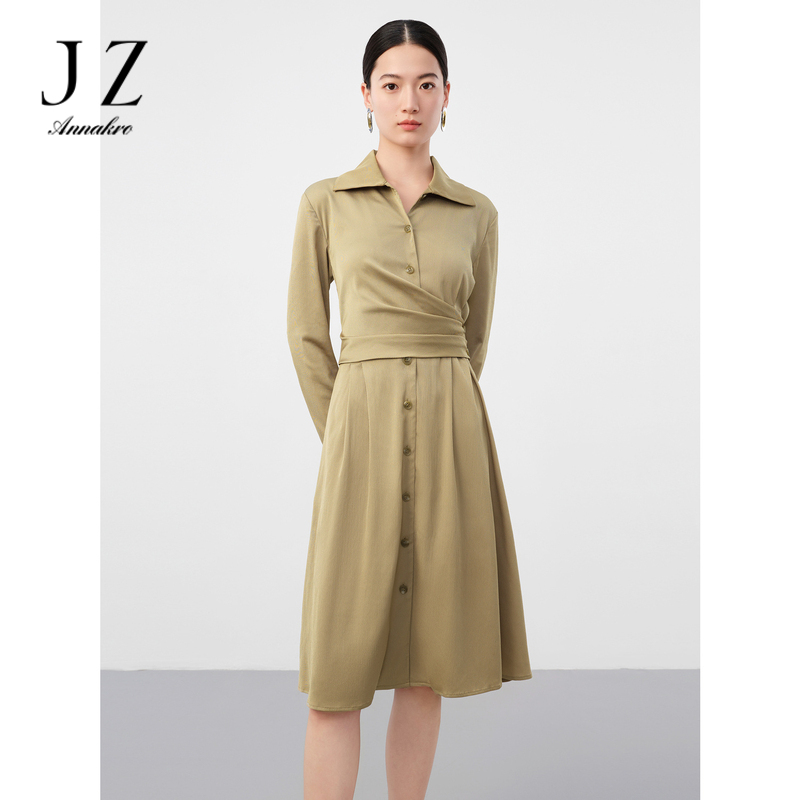 13266001.玖姿安娜蔻洋气绿肌理收腰中长款长袖衬衫连衣裙女秋季新款