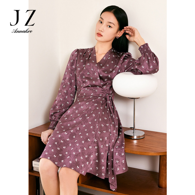 13266375.JZ玖姿蝴蝶结印花连衣裙女装春季新款设计感中长款裙子