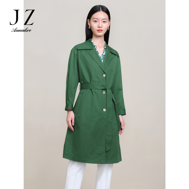 13266502.商场同款JZ玖姿纯棉外套女装新款驳领收腰长风衣JWDC41215