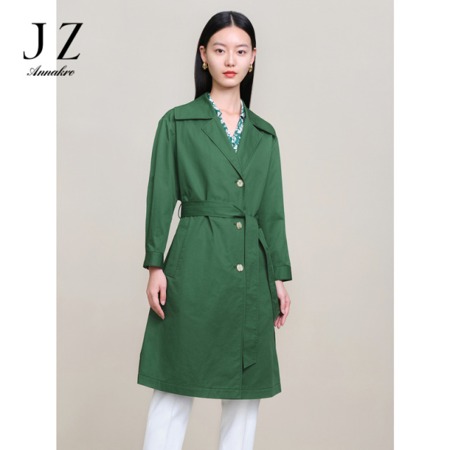 13266502.商场同款JZ玖姿纯棉外套女装新款驳领收腰长风衣JWDC41215