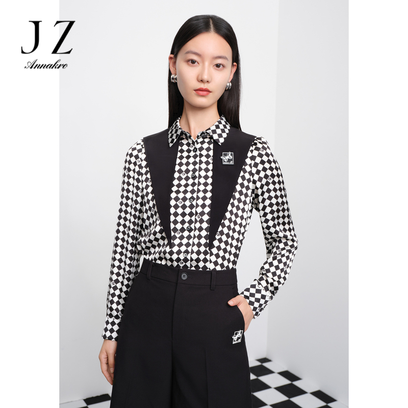 13267159.商场同款JZ玖姿棋盘格艺术女装春季新款雪纺衬衫JWDC60105