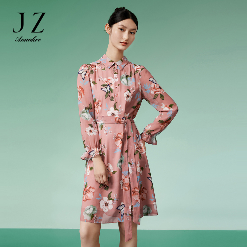 13266327.JZ玖姿中国风小众印花连衣裙女装春季新款泡泡袖印花裙子