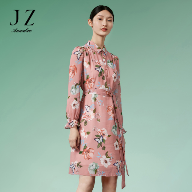 13266327.JZ玖姿中国风小众印花连衣裙女装春季新款泡泡袖印花裙子