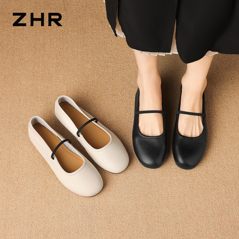 13676804.【ZHR则则】平底玛丽珍鞋圆头松紧带套脚平底女鞋[头层牛皮]
