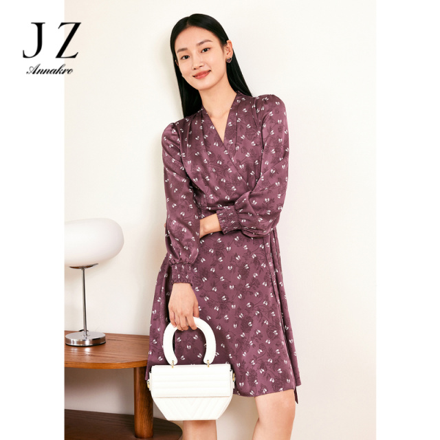 13266375.JZ玖姿蝴蝶结印花连衣裙女装春季新款设计感中长款裙子
