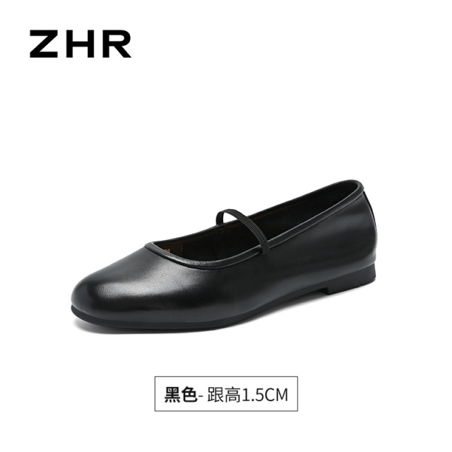 13676804.【ZHR则则】平底玛丽珍鞋圆头松紧带套脚平底女鞋[头层牛皮]