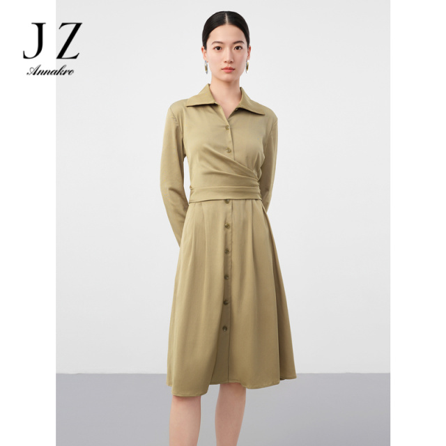 13266001.玖姿安娜蔻洋气绿肌理收腰中长款长袖衬衫连衣裙女秋季新款