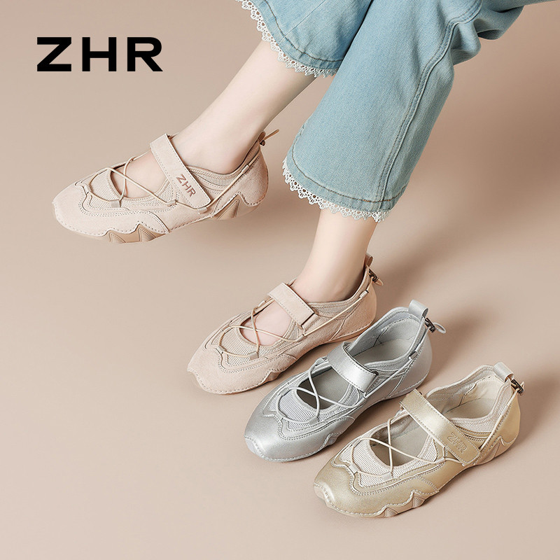 13266083.【ZHR则则】运动玛丽珍鞋圆头魔术贴平底女鞋[头层猪皮+网布]