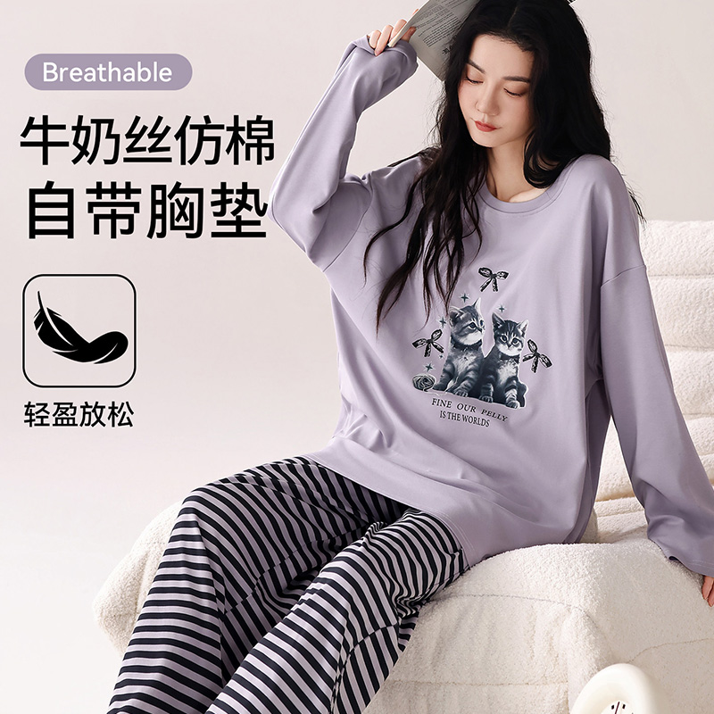 13265856.少宜睡衣套装家居服新款带胸垫纯棉可外穿长袖长裤春秋学生少女女生女孩女款夏季可外出薄款大码居家亲肤休闲
