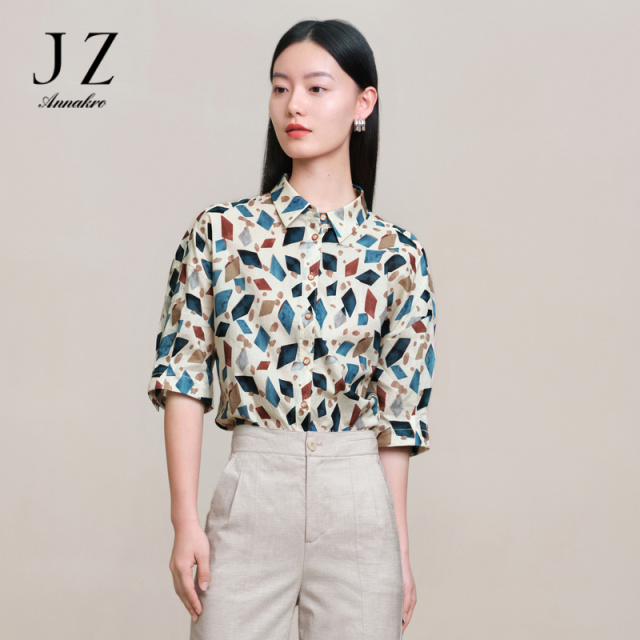 13266955.商场同款JZ玖姿几何印花衬衫女装春季新款棉上衣JWDC60202
