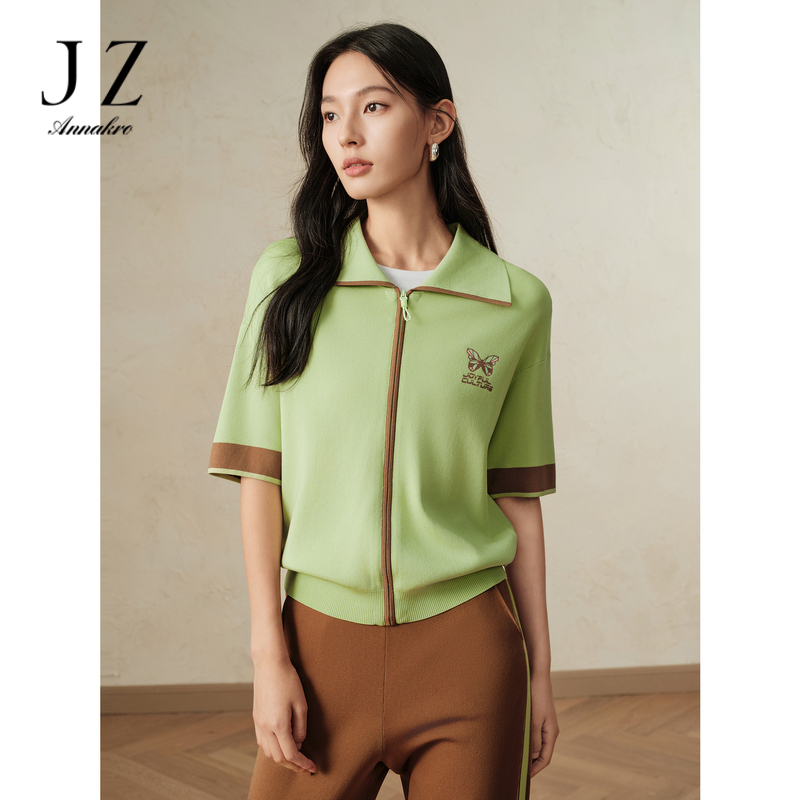 13269225.商场同款JZ玖姿时尚个性撞色短袖针织衫女秋季新款JWDC30804