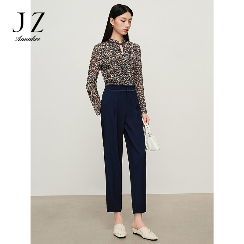 13273835.JZ玖姿商场同款优雅通勤撞色高腰三醋酸哈伦裤女春季新款
