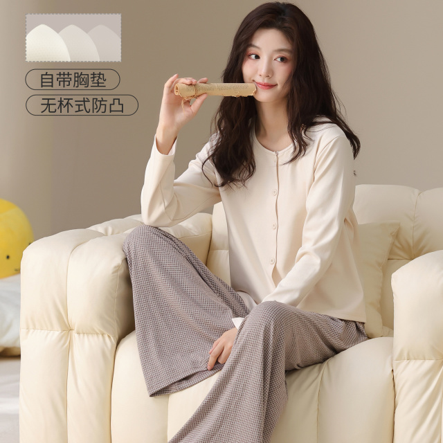 13286475.少宜睡衣套装家居服新款带胸垫纯棉女士长袖长裤春秋女生女孩女款夏季可外穿可外出薄款大码居家亲肤休闲加大