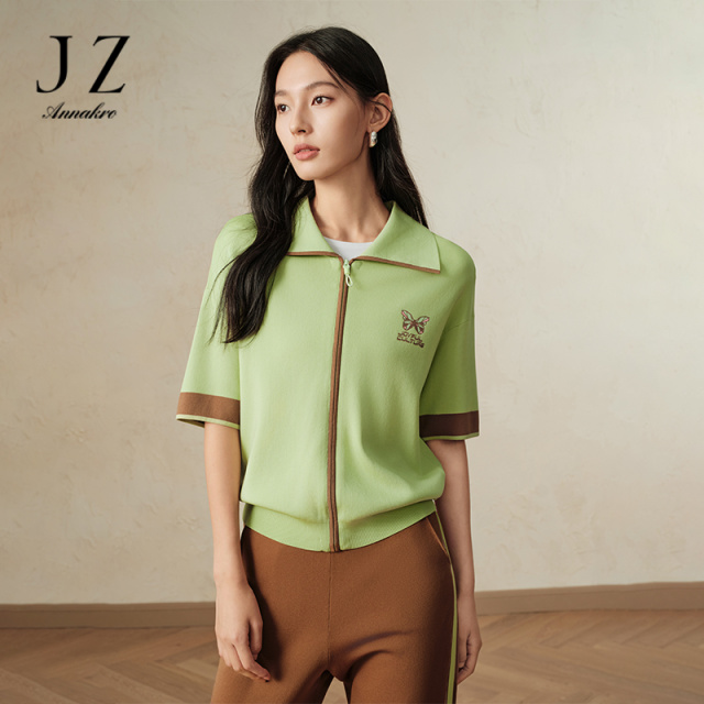13269225.商场同款JZ玖姿时尚个性撞色短袖针织衫女秋季新款JWDC30804