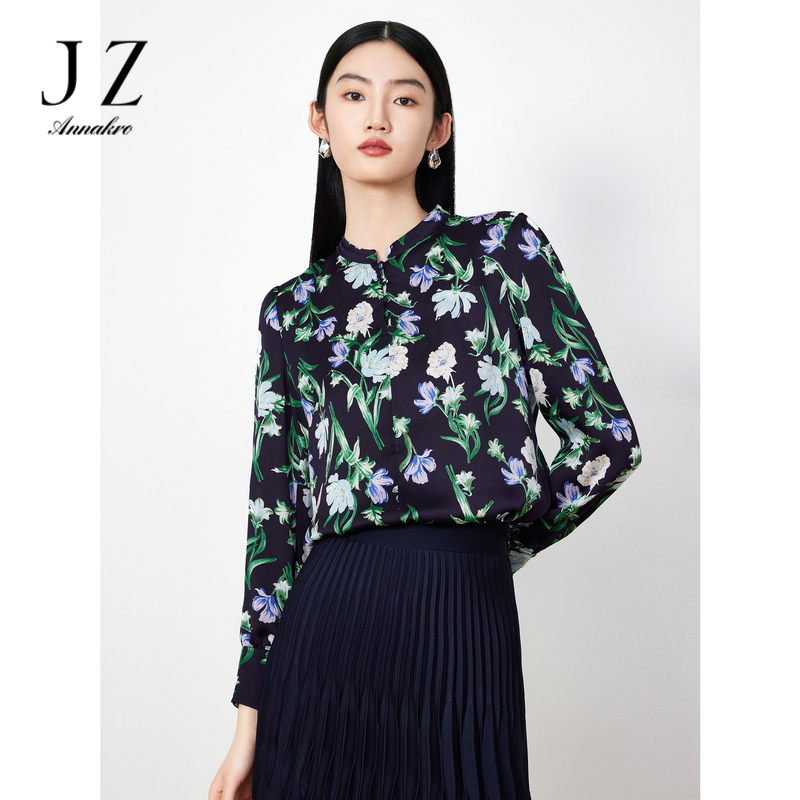 13273594.商场同款JZ玖姿印花长袖上衣女装春季新款雪纺衫紫JWDC80124