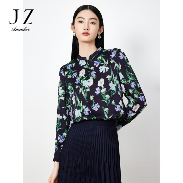 13273594.商场同款JZ玖姿印花长袖上衣女装春季新款雪纺衫紫JWDC80124