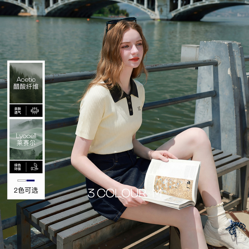 13286388.【莱赛尔】三彩2026夏季新款撞色翻领针织衫短袖上衣套头Polo衫M