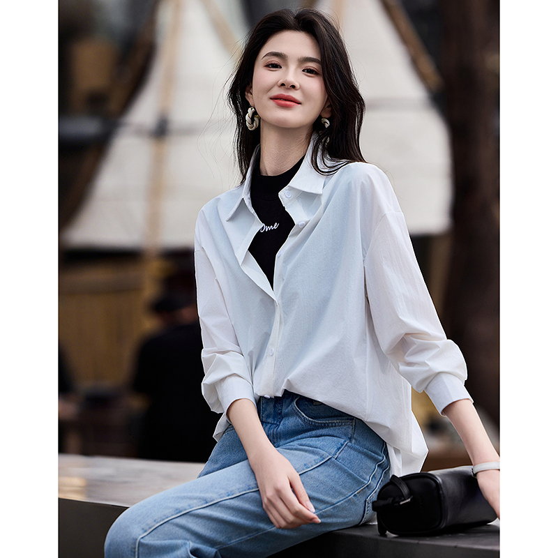 13287392.【不挑人穿】春季简约风翻领落肩宽松显瘦藏肉小个子衬衫女高级感