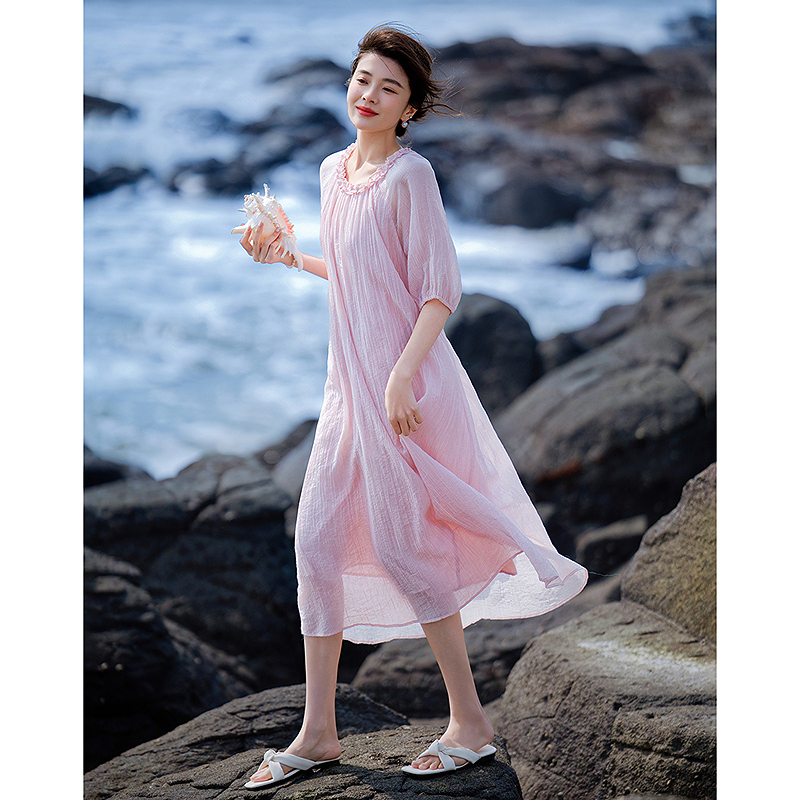 13289176.【轻氧莱赛尔】夏季浪漫法式木耳边圆领娃娃裙可脱卸腰带女连衣裙
