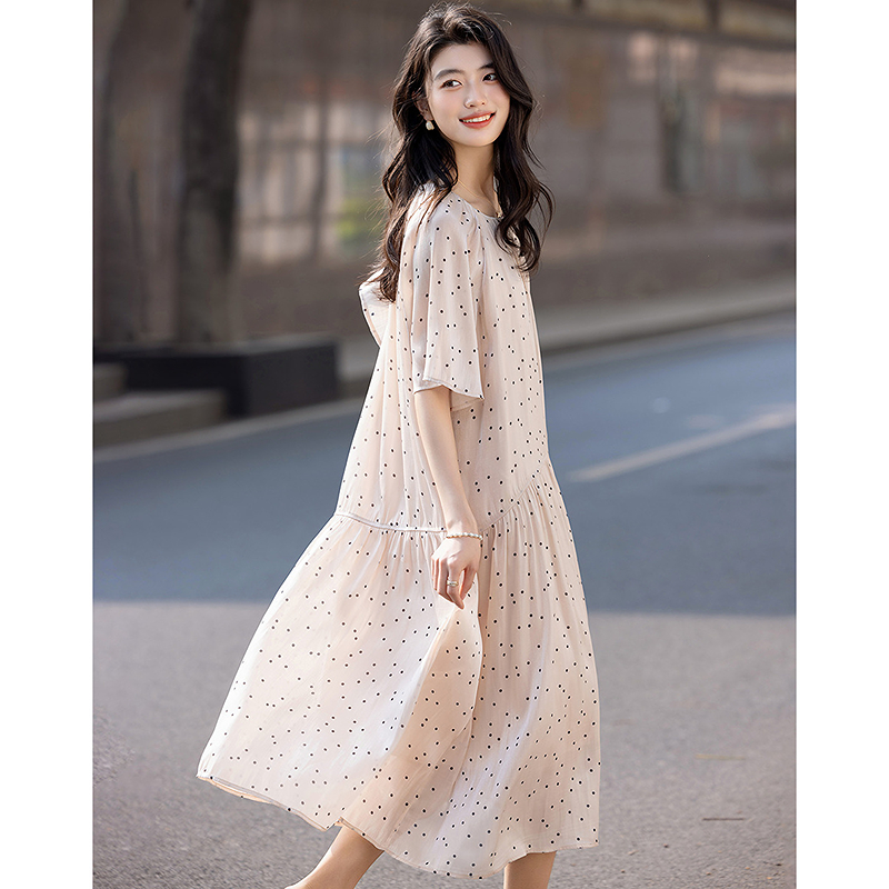 13288975.【法式万人迷】夏季流光波点印花圆领A字不规则分割女式连衣裙