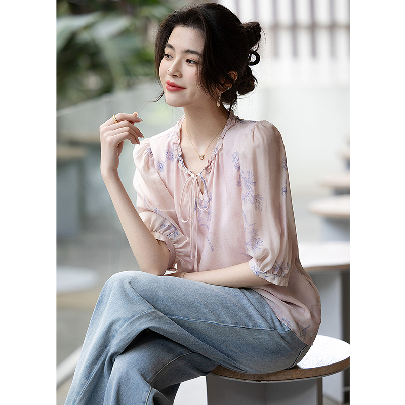 13289370.【自然之艺】夏季呼吸感100桑蚕丝真丝花边领系带泡泡袖女衬衫