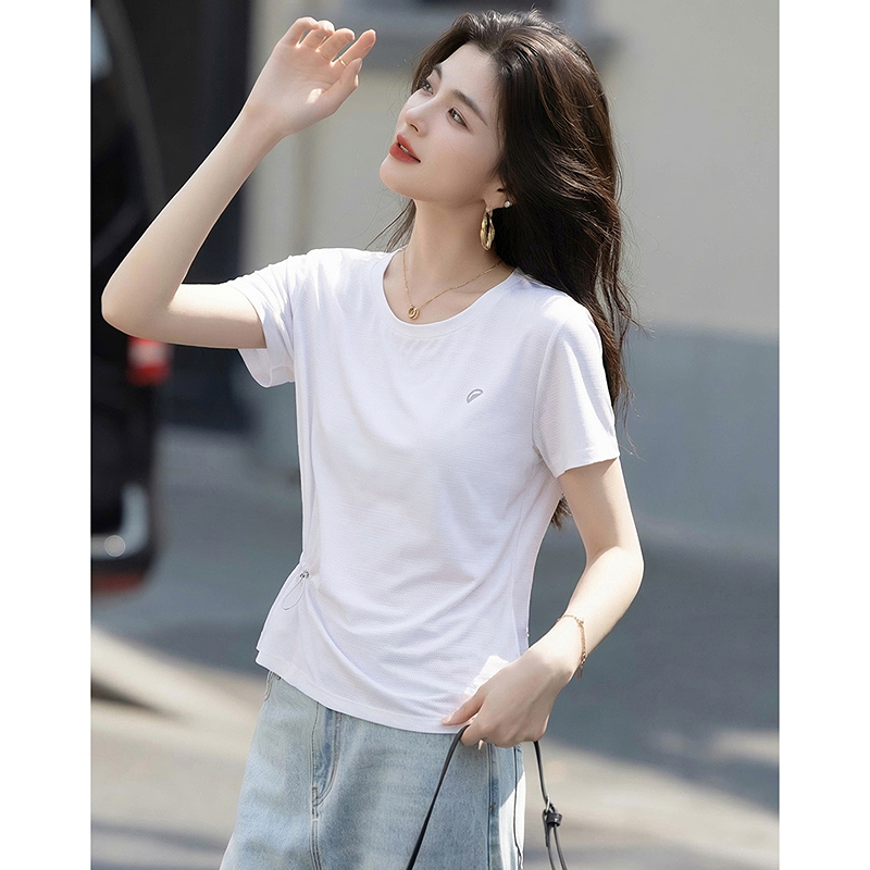 13287661.【简约都市】夏季轻运动渐变提花连肩抽绳高弹显瘦t恤女高级