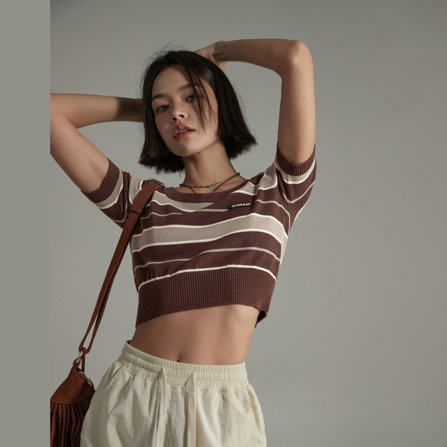 13288230.条纹撞色针织衫女款夏季修身圆领短袖上衣