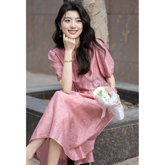 13288958.【清爽莱赛尔】夏季法式V领盘扣连腰泡泡袖提花气质遮肉女连衣裙