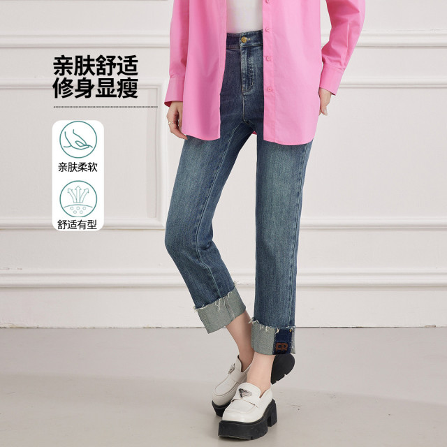 13293722.【专柜同款】【直筒裤】简约百搭裤子显瘦减龄翻边女式牛仔裤
